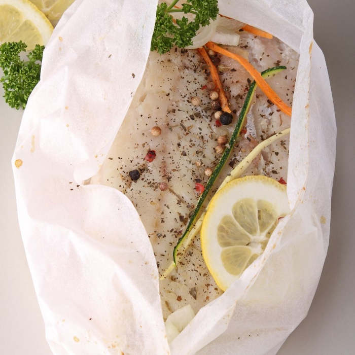 bacalao en papillote y endivias