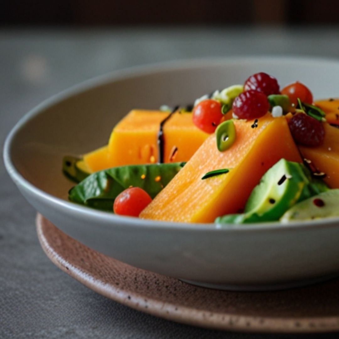 ensalada, papaya, aguacate, frambuesas, grosellas