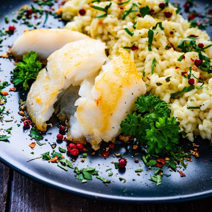 risotto con bacalao y puerros